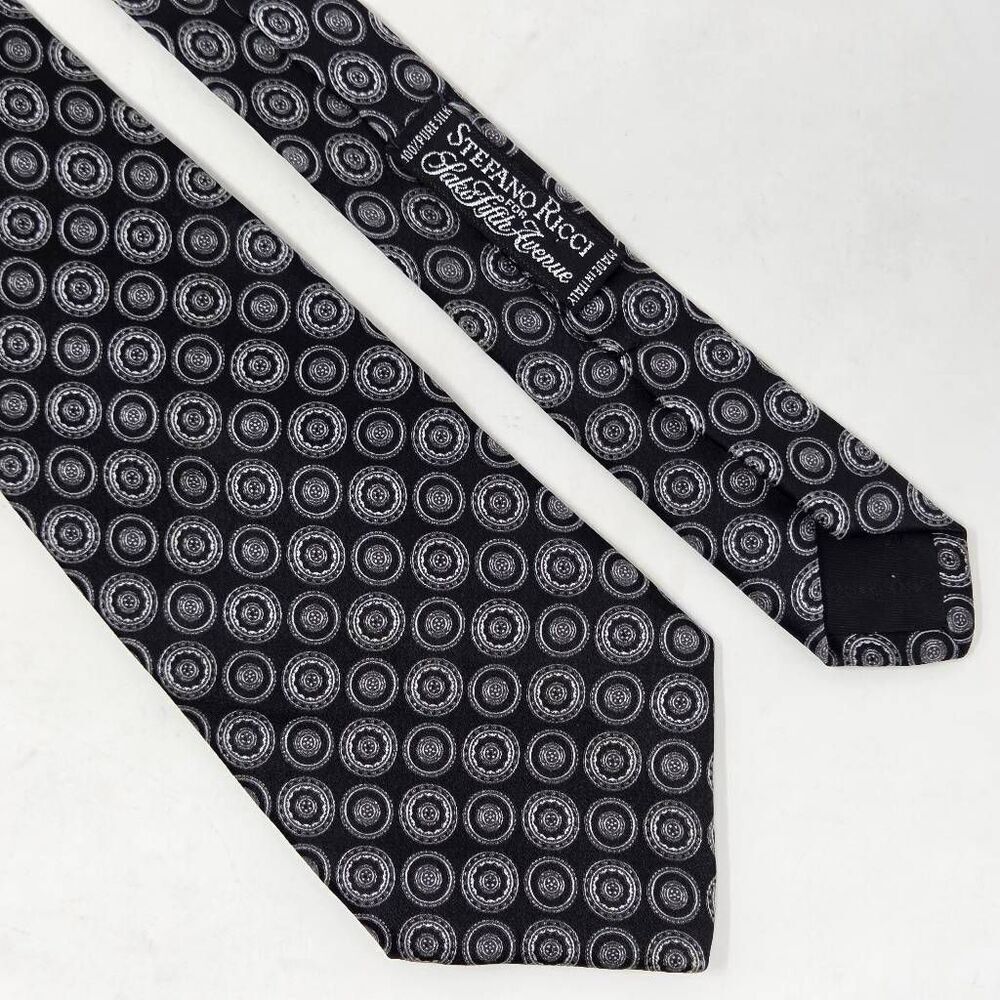 STEFANO RICCI SAKS SILK TIE BLACK SILVER MEDALLION CIRCLE SATIN 3.75" X 57"
